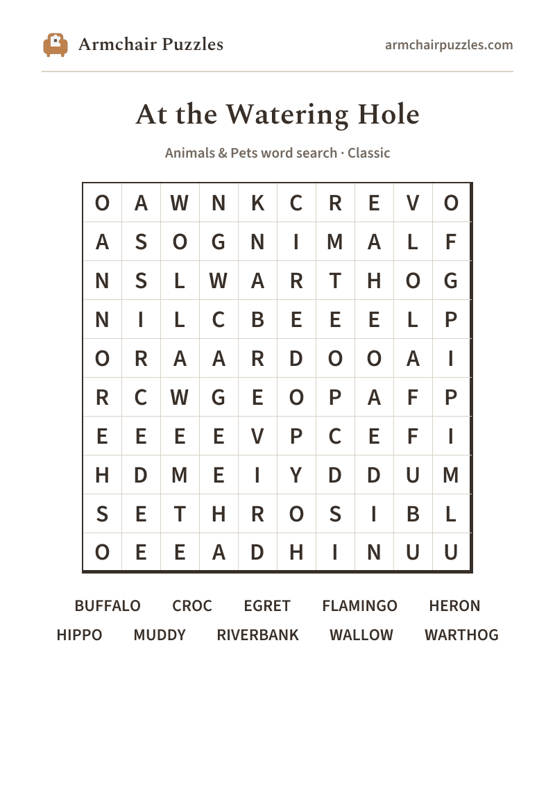 The printable At the Watering Hole word search sheet in large print