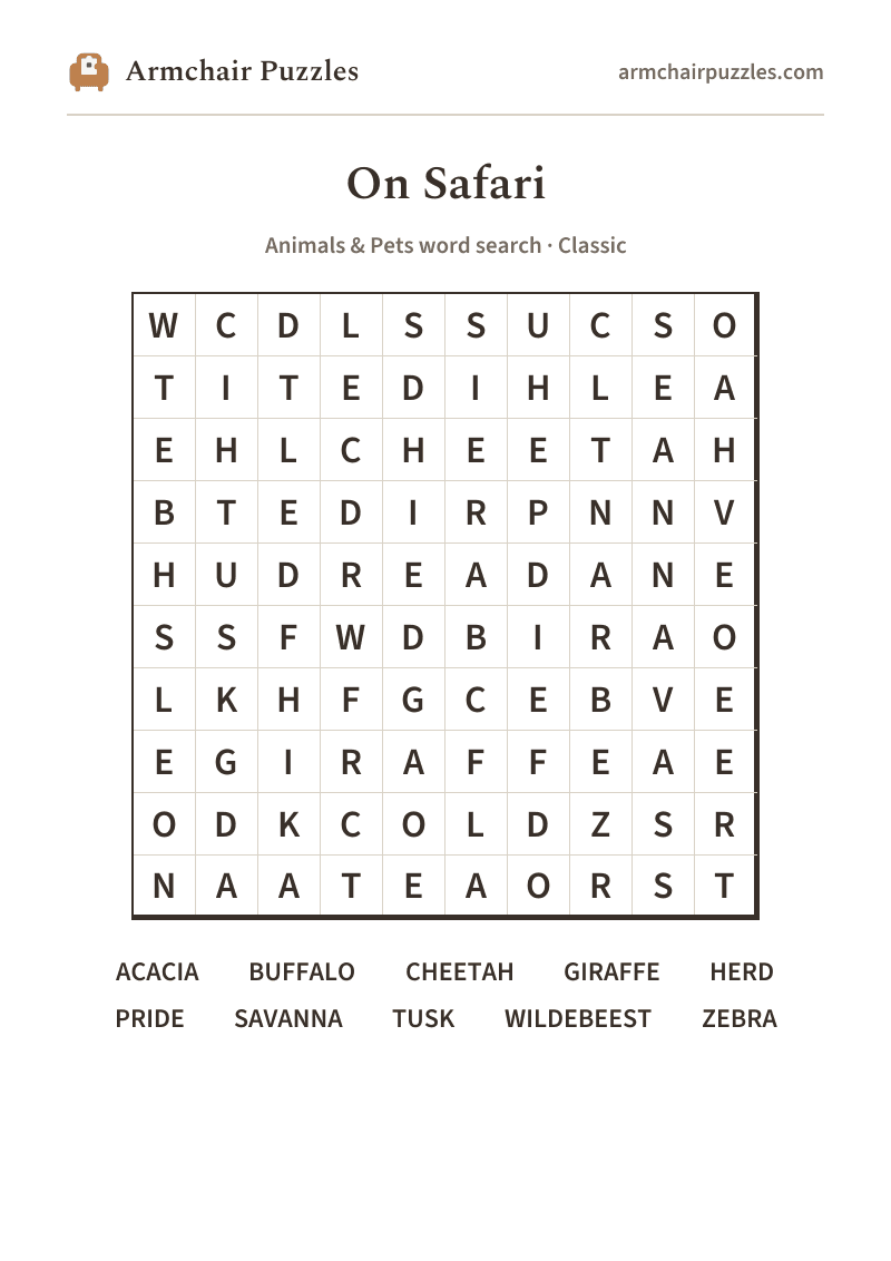 The printable On Safari word search sheet in large print