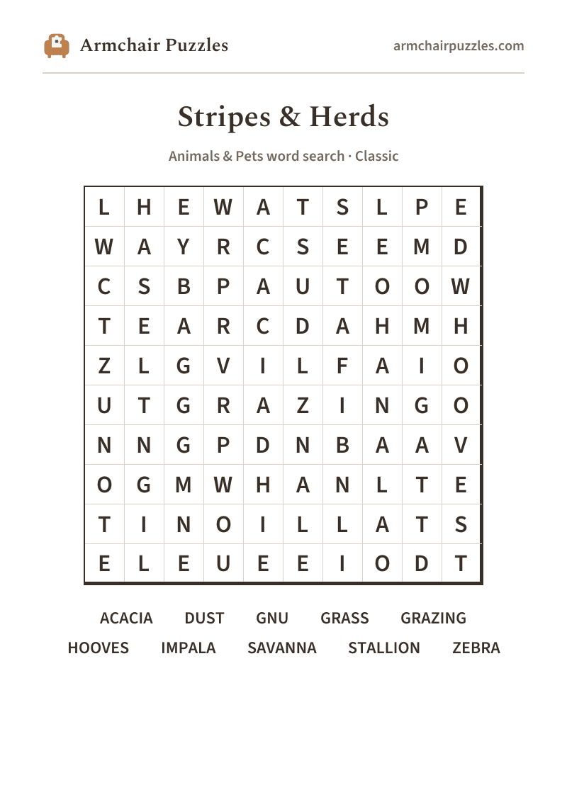 The printable Stripes & Herds word search sheet in large print