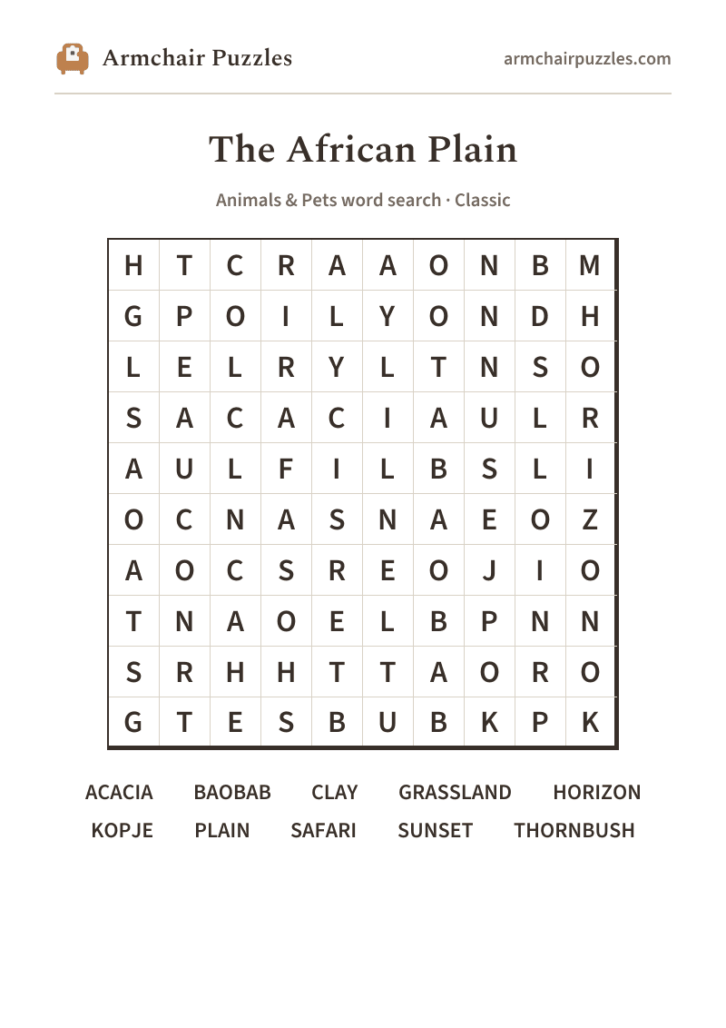 The printable The African Plain word search sheet: large-print Classic grid with its word list