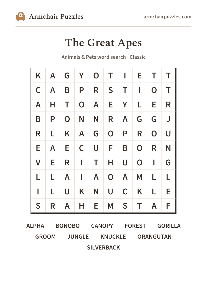 The printable The Great Apes word search sheet in large print
