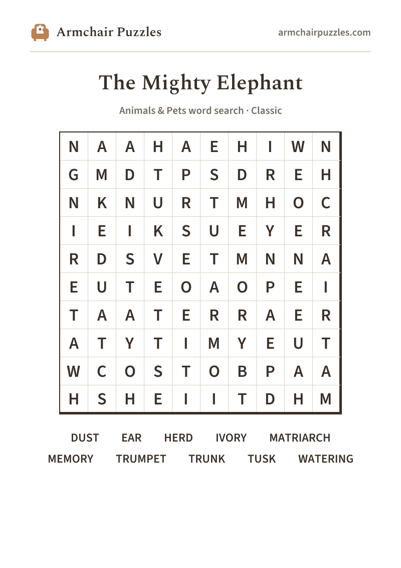 The printable The Mighty Elephant word search sheet: large-print Classic grid with its word list