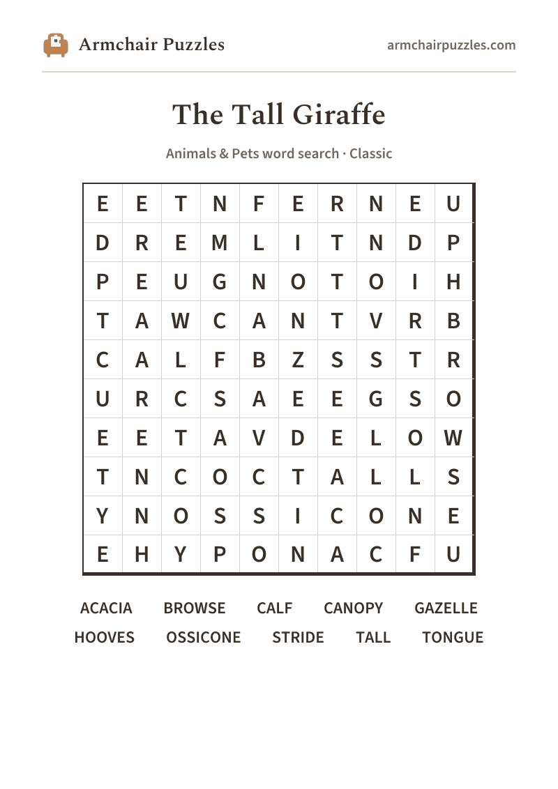 The printable The Tall Giraffe word search sheet