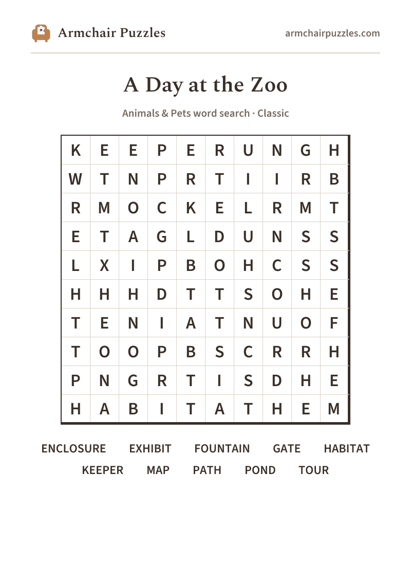 The printable A Day at the Zoo word search sheet