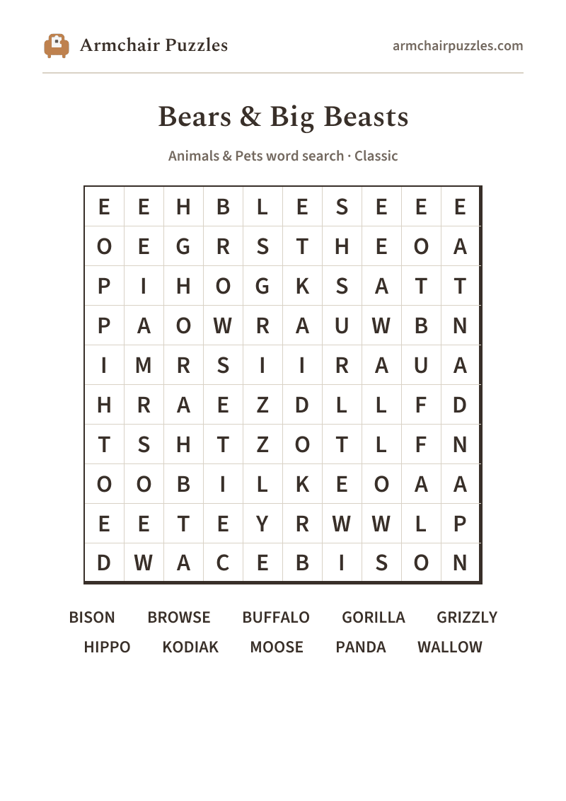 The printable Bears & Big Beasts word search sheet