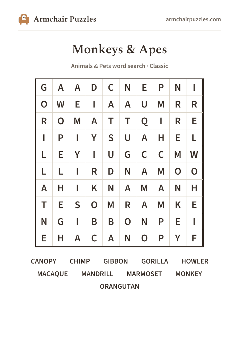 The printable Monkeys & Apes word search sheet