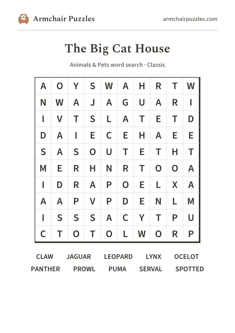 The printable The Big Cat House word search sheet