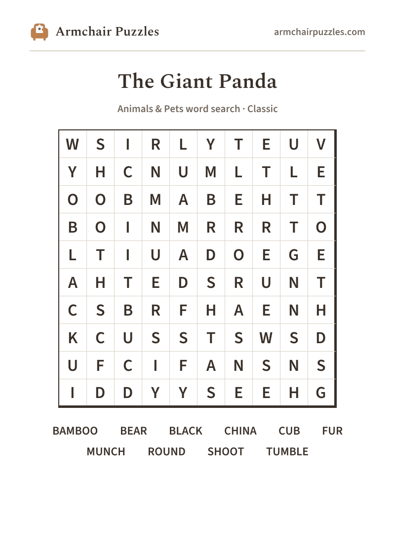 The printable The Giant Panda word search sheet