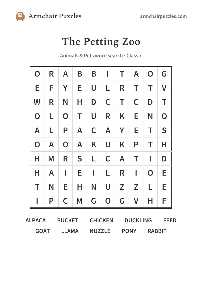 The printable The Petting Zoo word search sheet