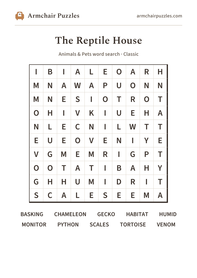The printable The Reptile House word search sheet