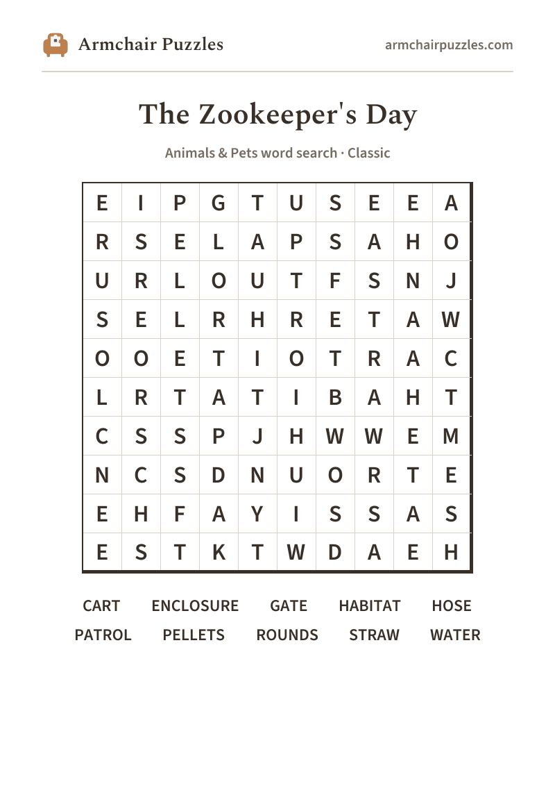 The printable The Zookeeper's Day word search sheet