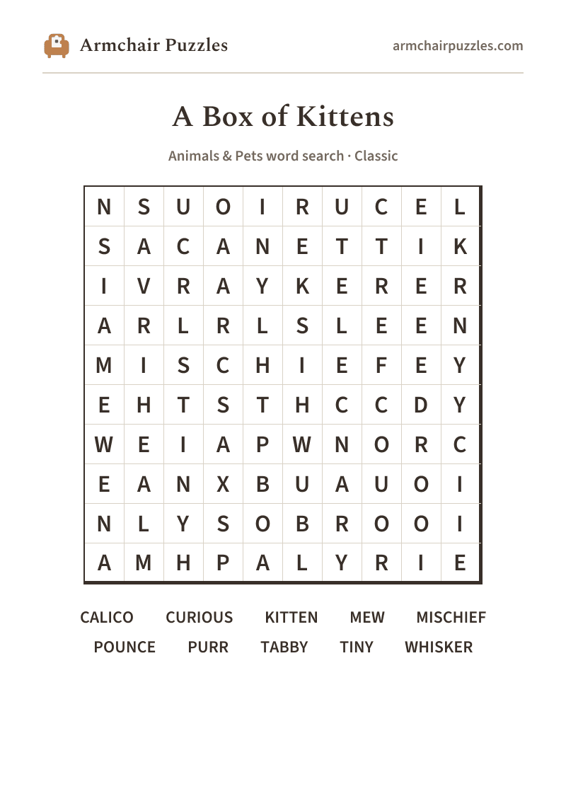 The printable A Box of Kittens word search sheet