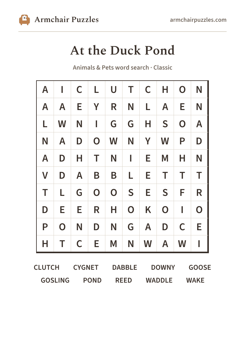 The printable At the Duck Pond word search sheet