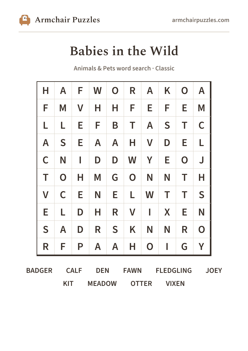 The printable Babies in the Wild word search sheet