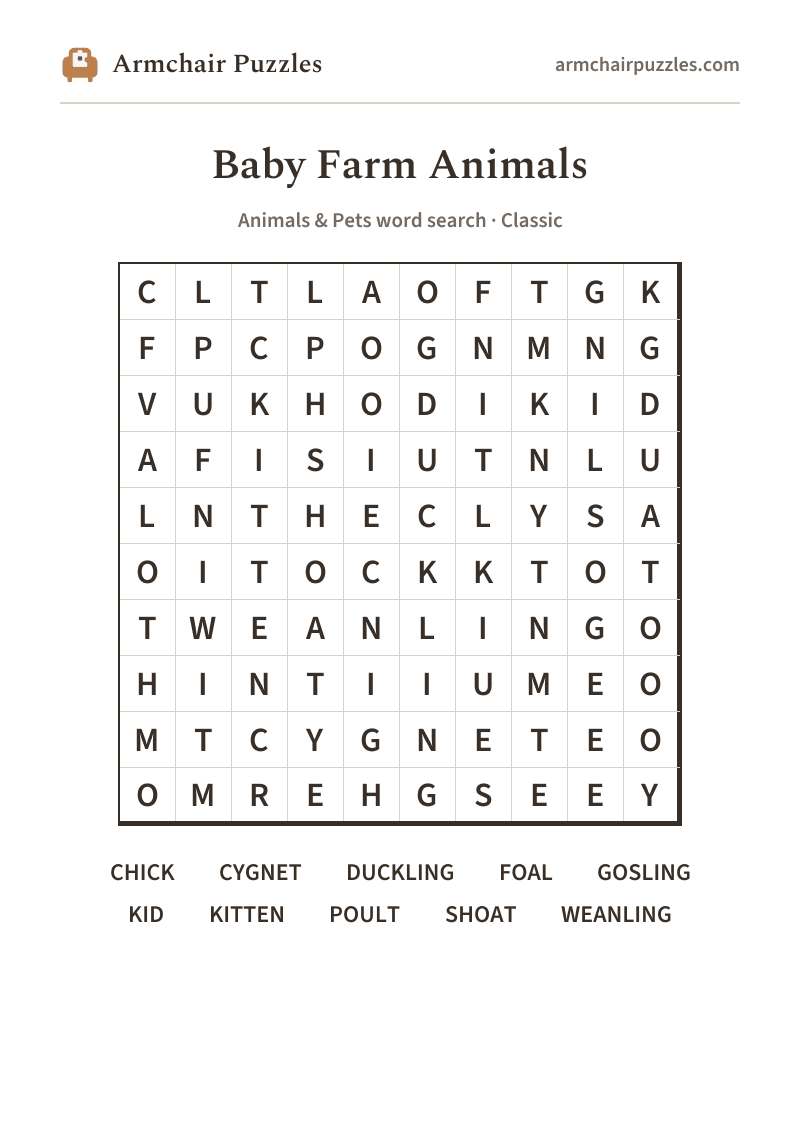 The printable Baby Farm Animals word search sheet