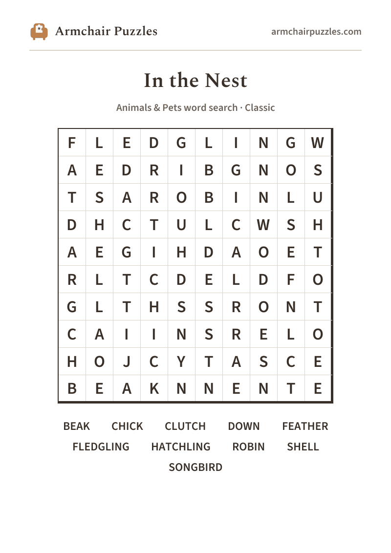 The printable In the Nest word search sheet