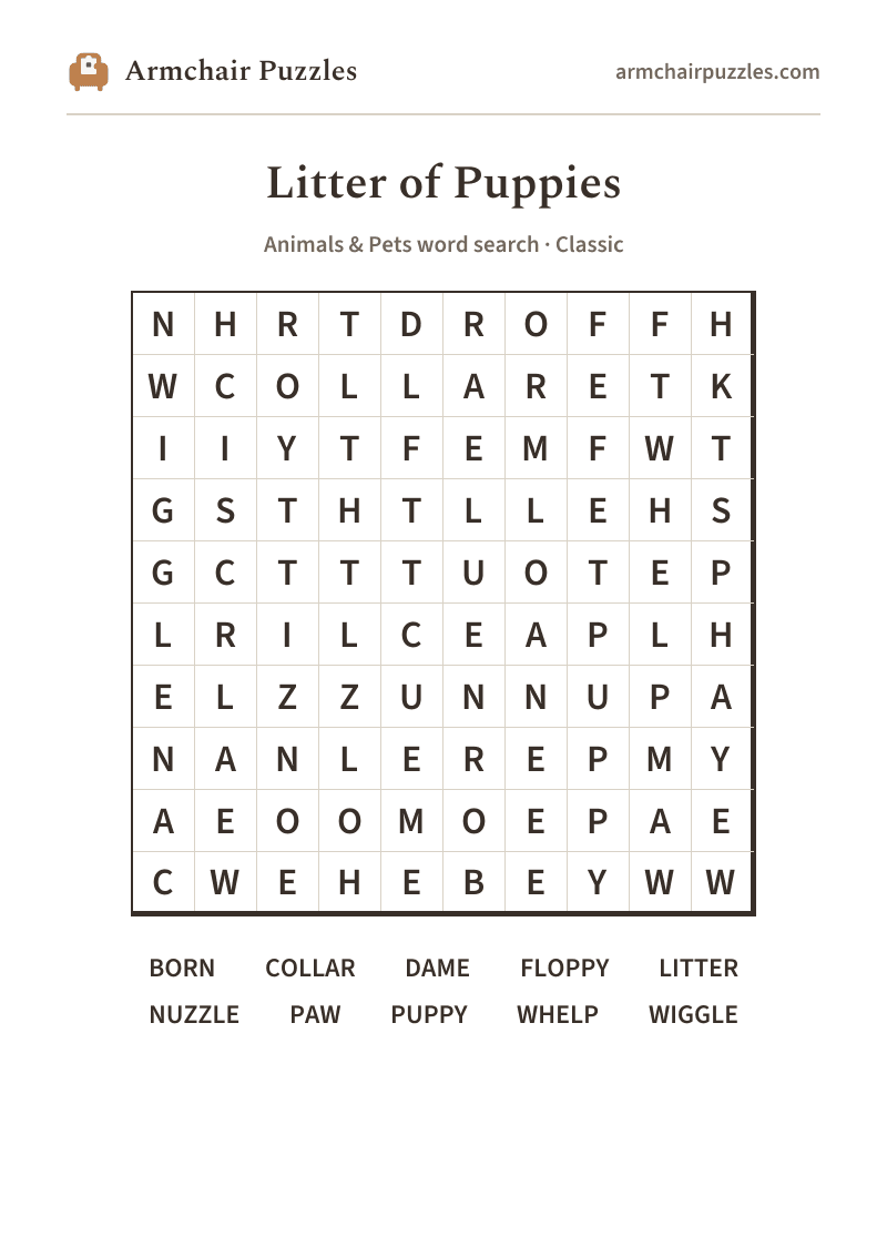 The printable Litter of Puppies word search sheet