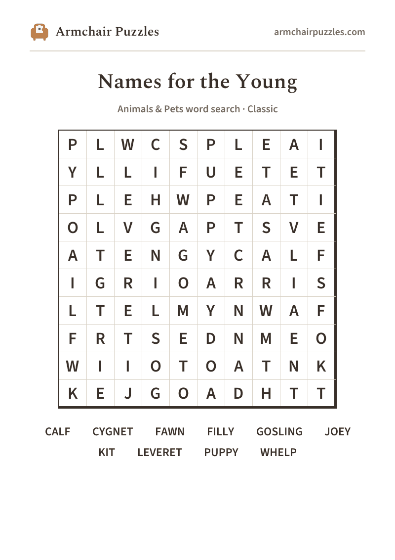 The printable Names for the Young word search sheet