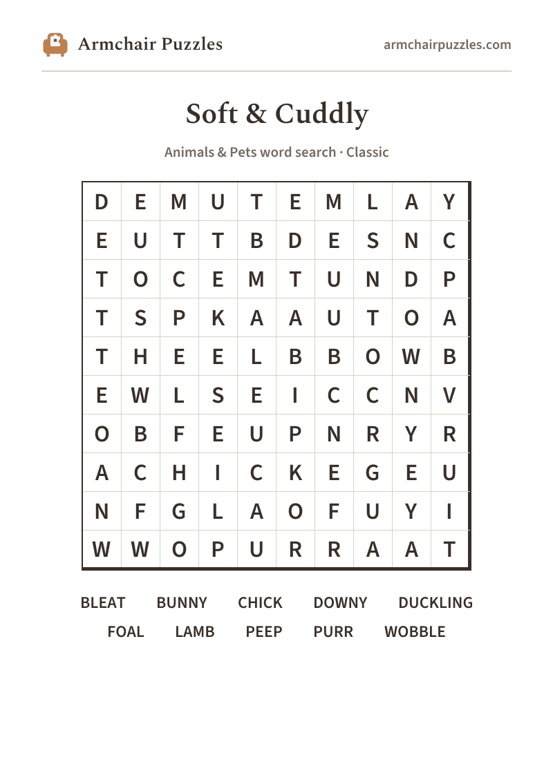 The printable Soft & Cuddly word search sheet