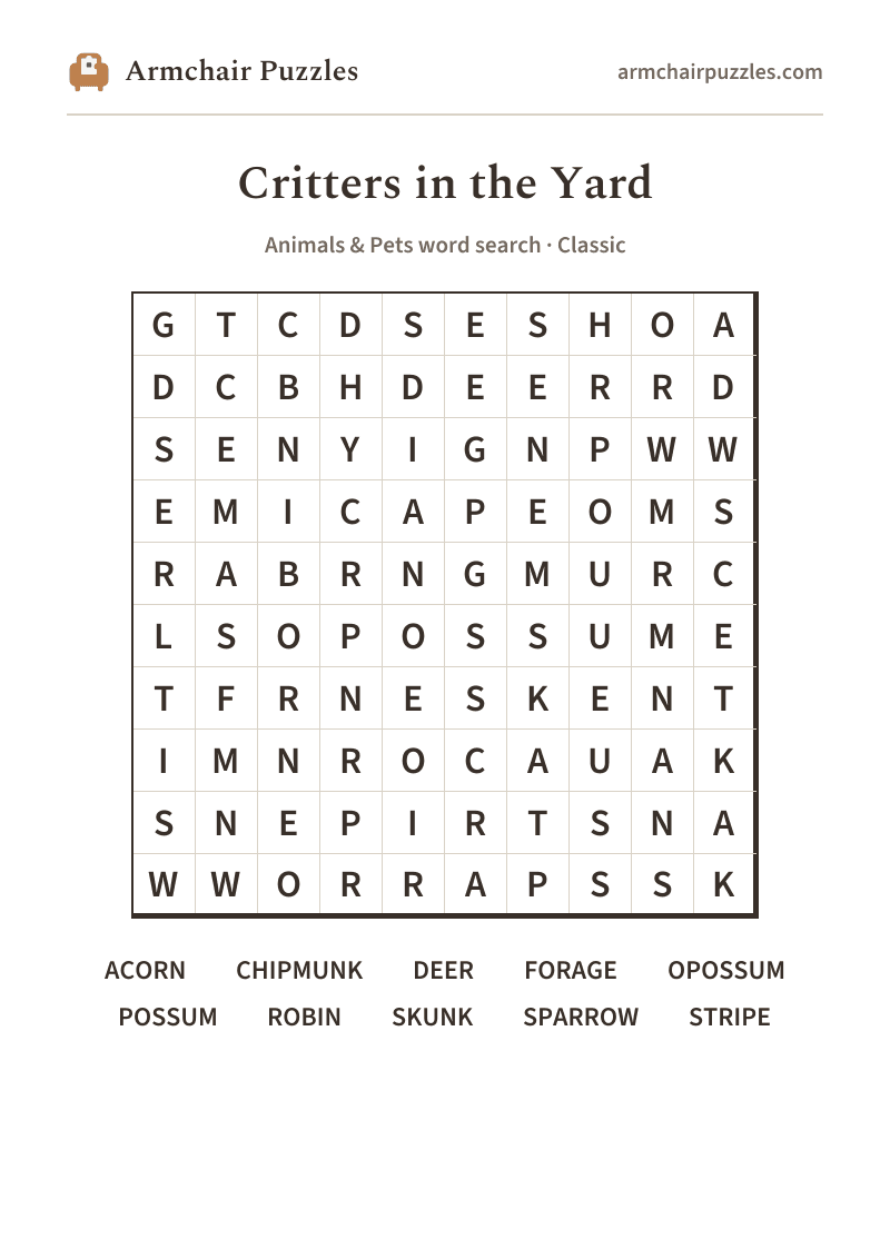 The printable Critters in the Yard word search sheet