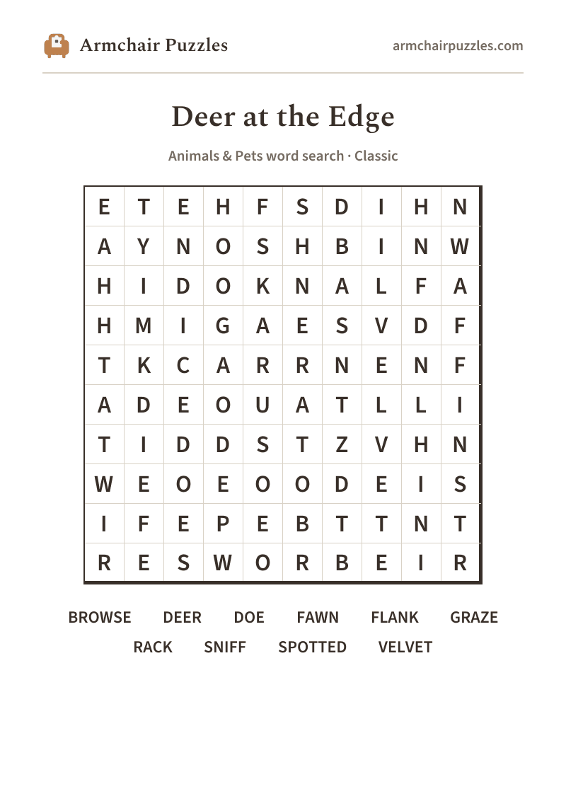 The printable Deer at the Edge word search sheet