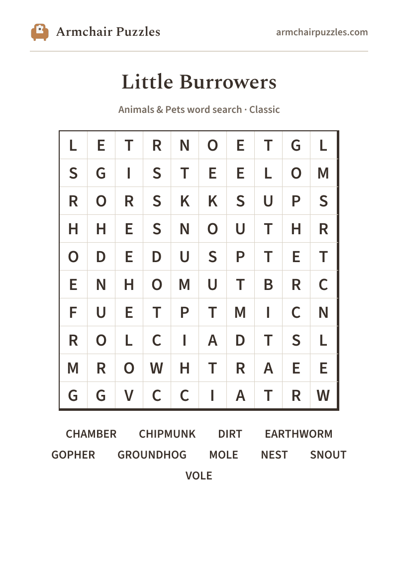 The printable Little Burrowers word search sheet
