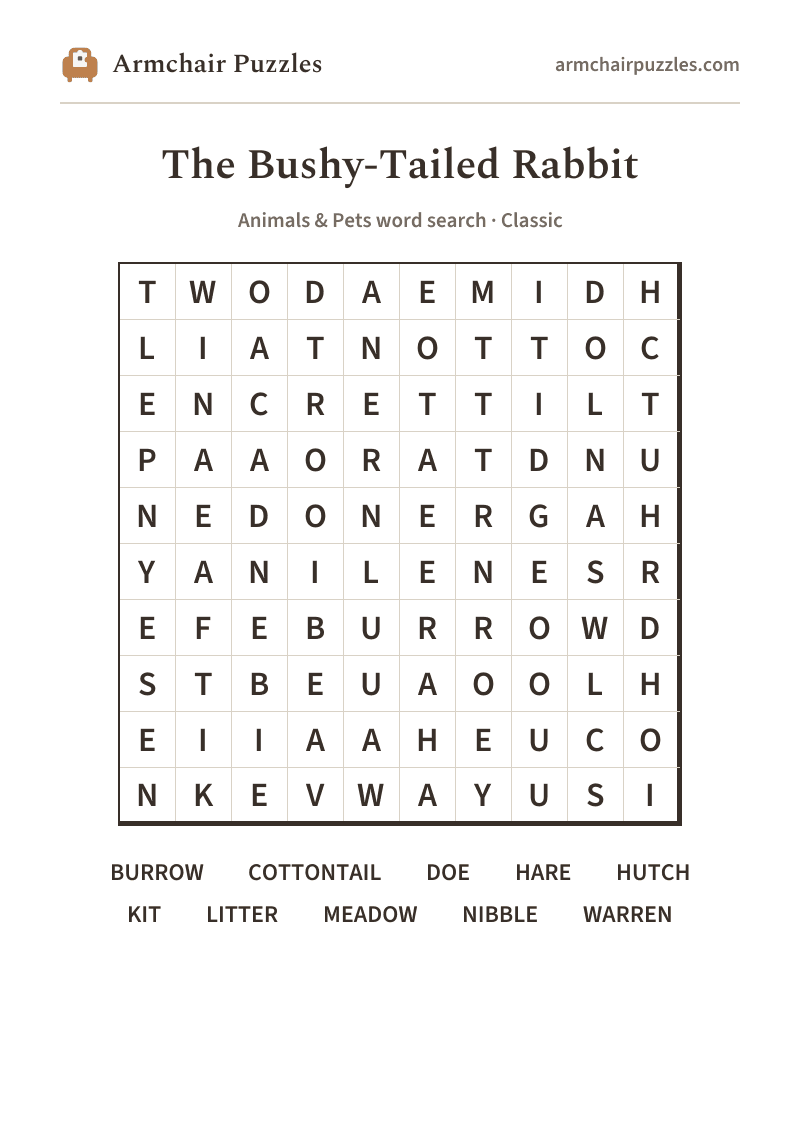 The printable The Bushy-Tailed Rabbit word search sheet