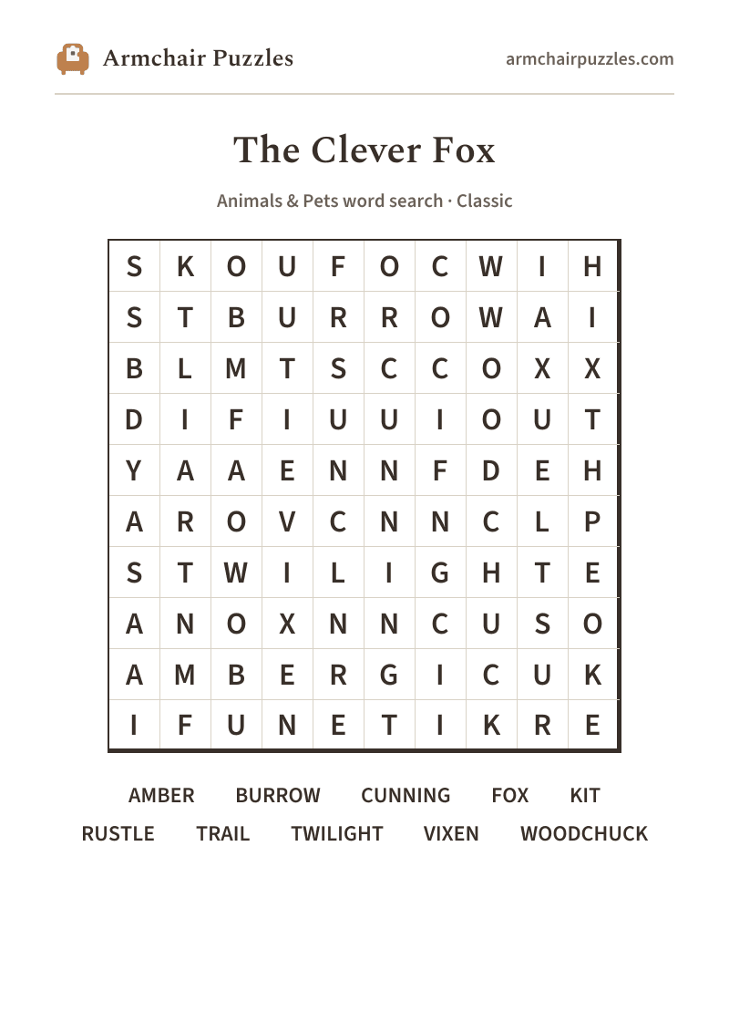 The printable The Clever Fox word search sheet: large-print Classic grid with its word list