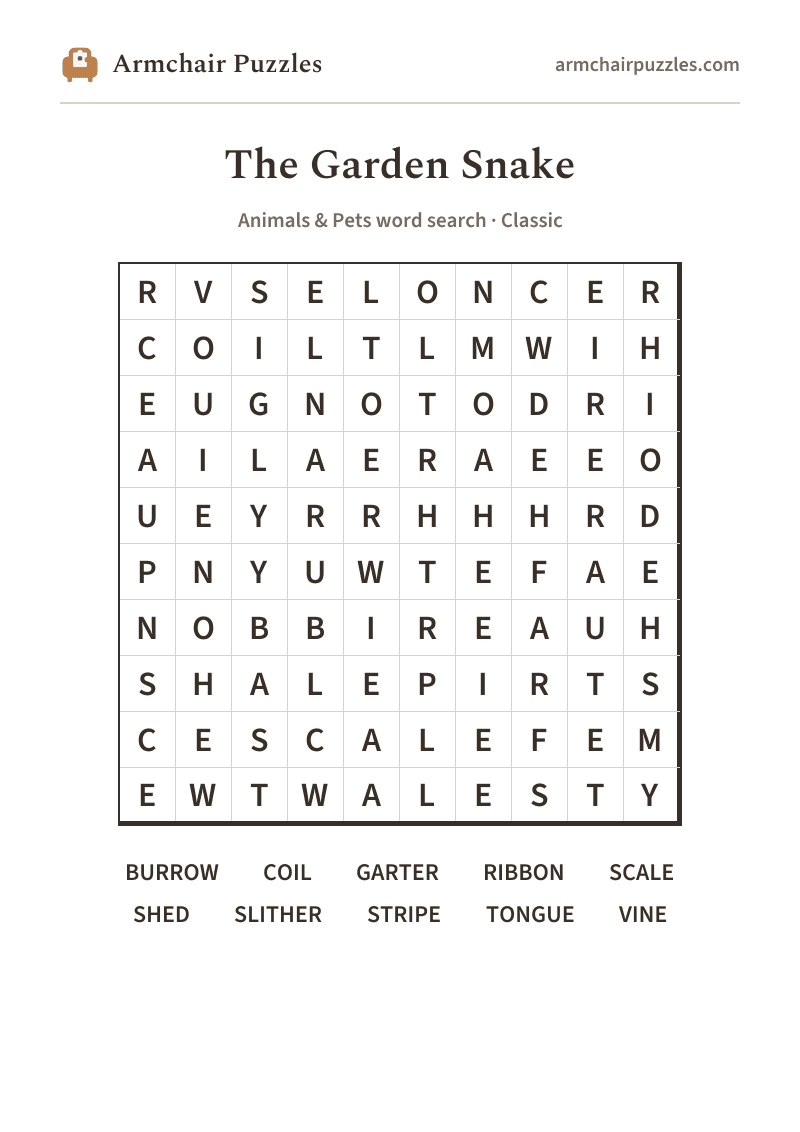 The printable The Garden Snake word search sheet