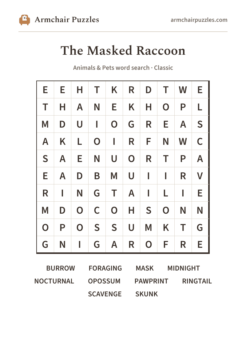 The printable The Masked Raccoon word search sheet