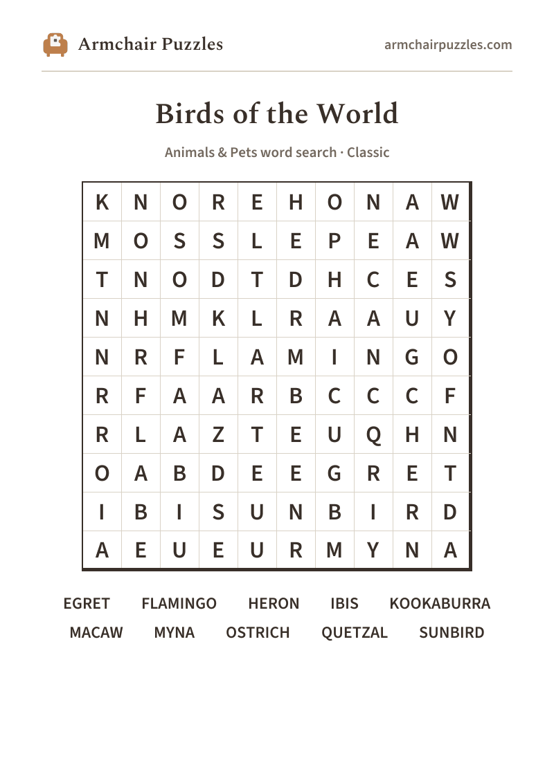 The printable Birds of the World word search sheet