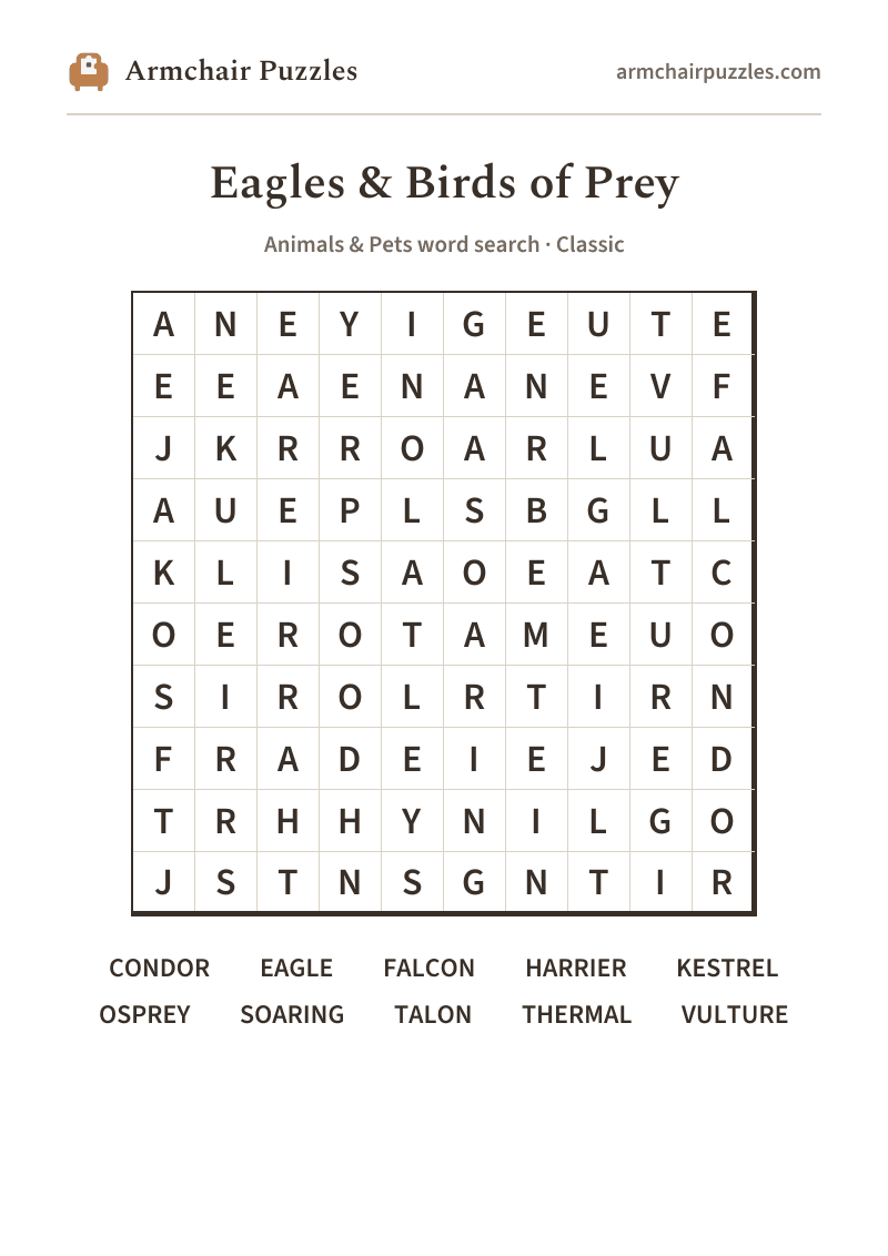 The printable Eagles & Birds of Prey word search sheet