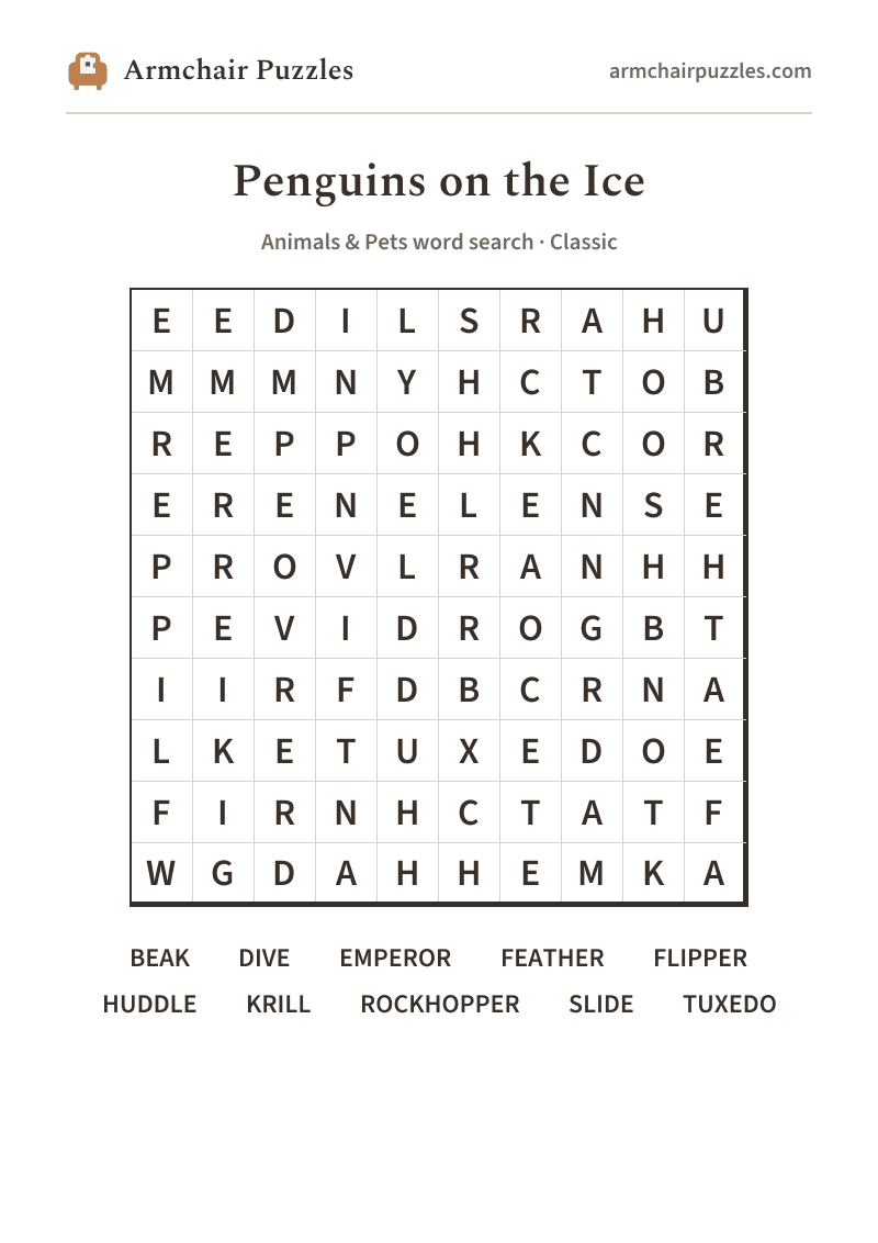 The printable Penguins on the Ice word search sheet