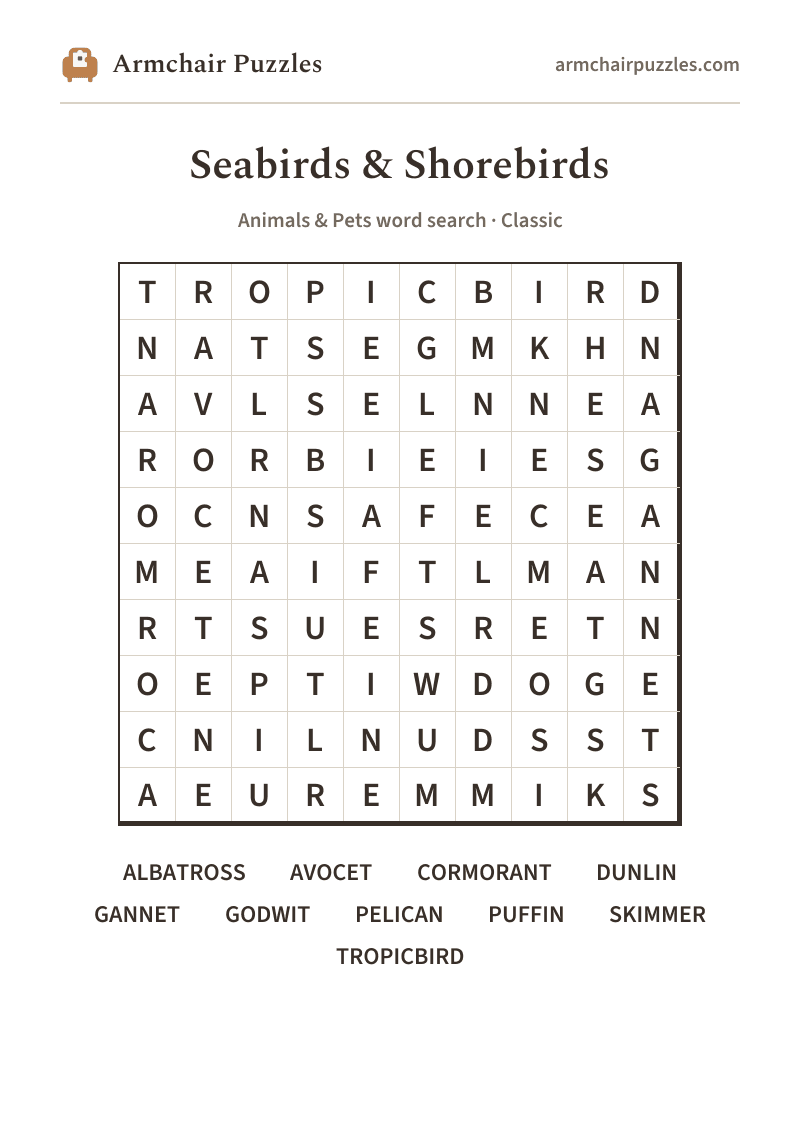 The printable Seabirds & Shorebirds word search sheet