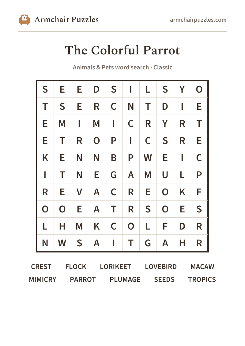 The printable The Colorful Parrot word search sheet