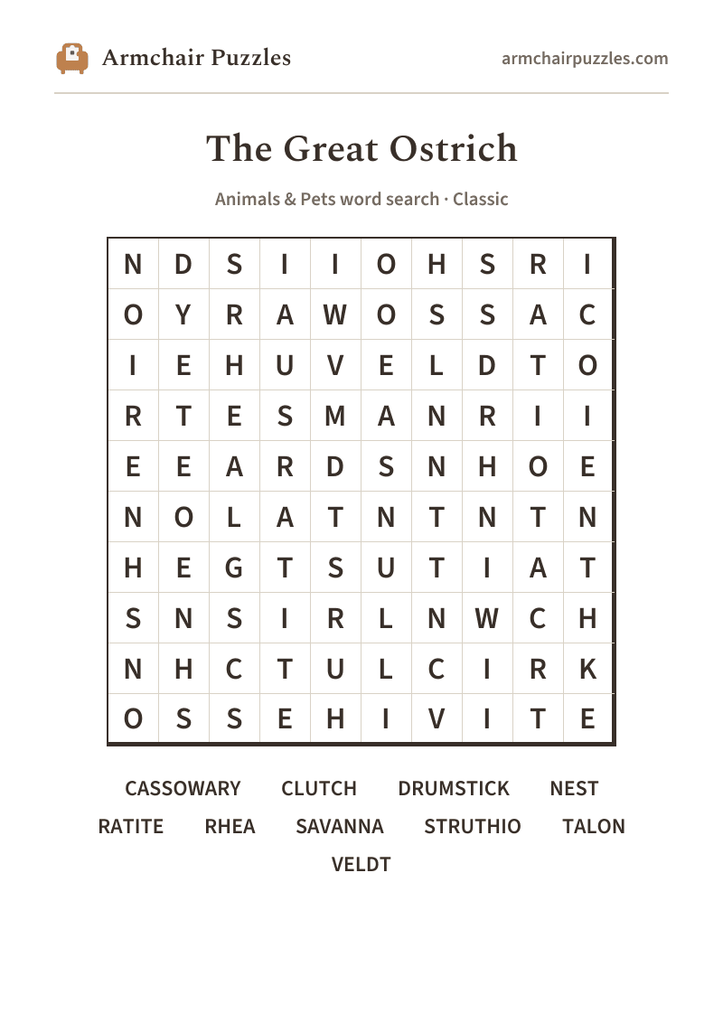 The printable The Great Ostrich word search sheet