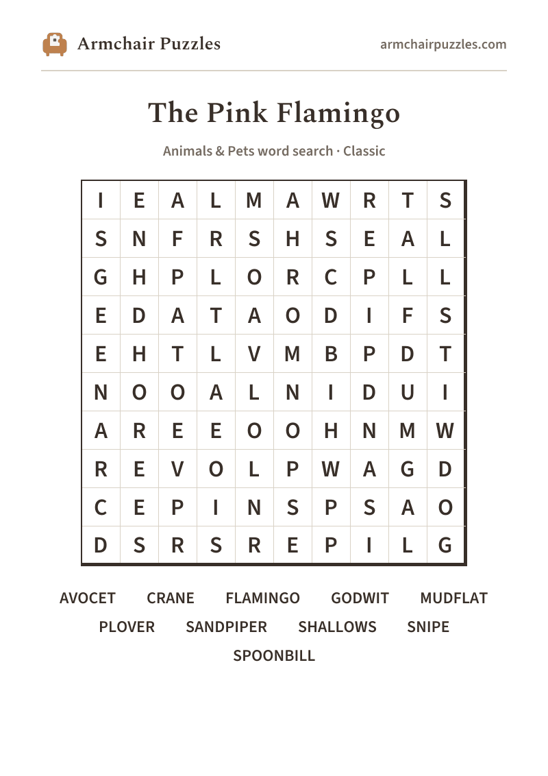 The printable The Pink Flamingo word search sheet