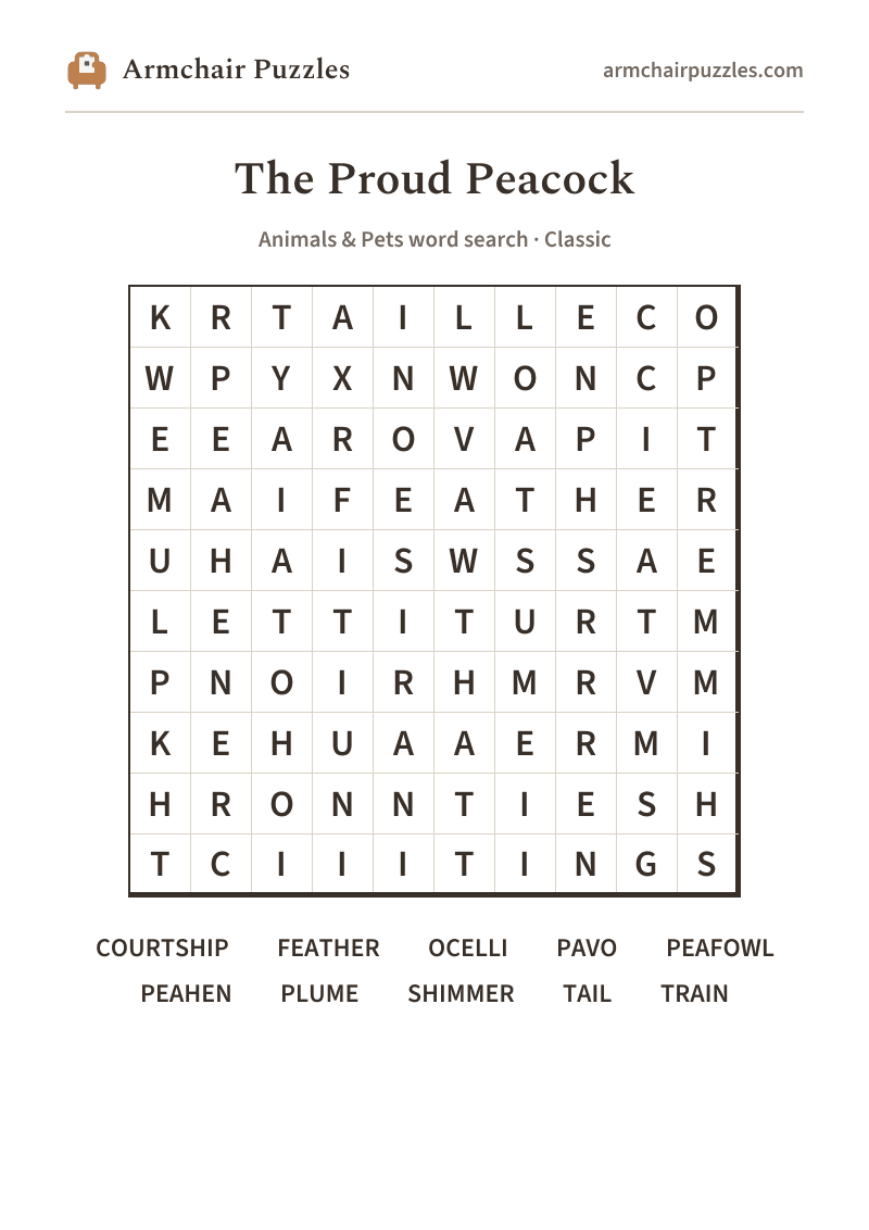 The printable The Proud Peacock word search sheet