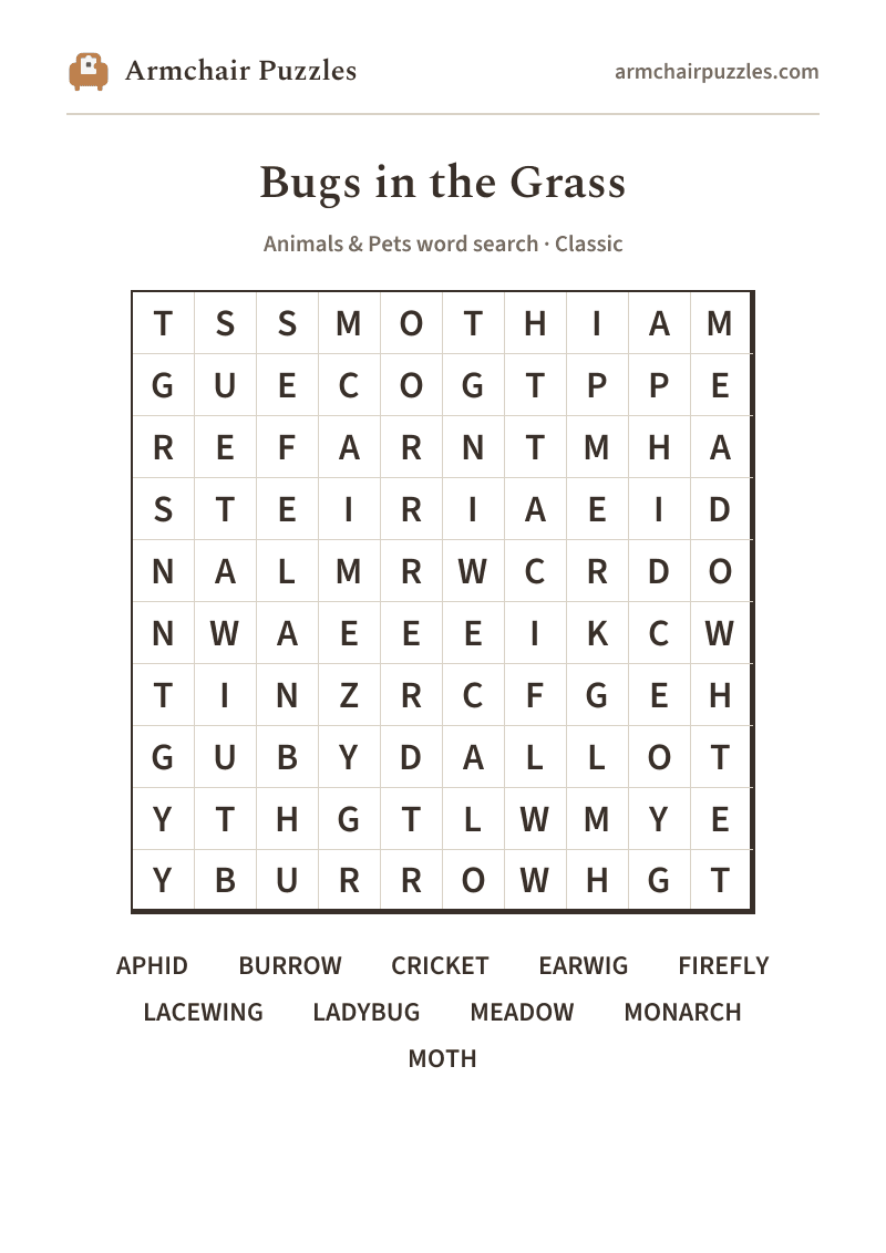 The printable Bugs in the Grass word search sheet