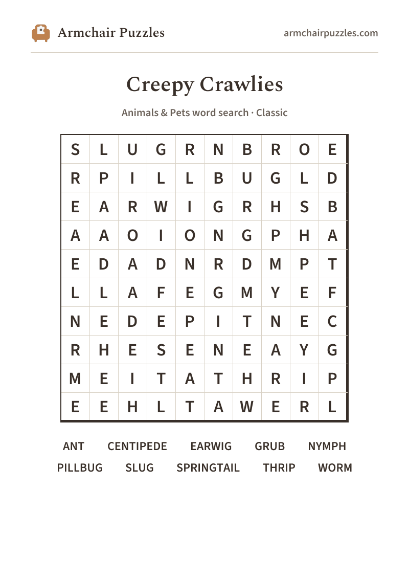 The printable Creepy Crawlies word search sheet