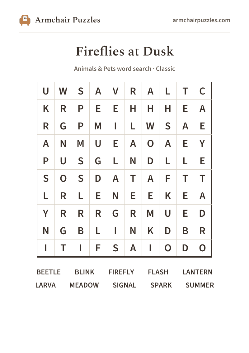 The printable Fireflies at Dusk word search sheet