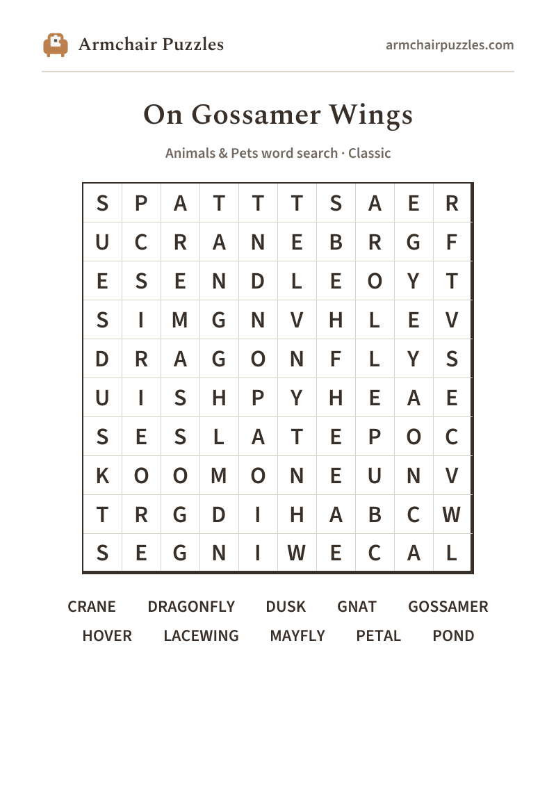 The printable On Gossamer Wings word search sheet