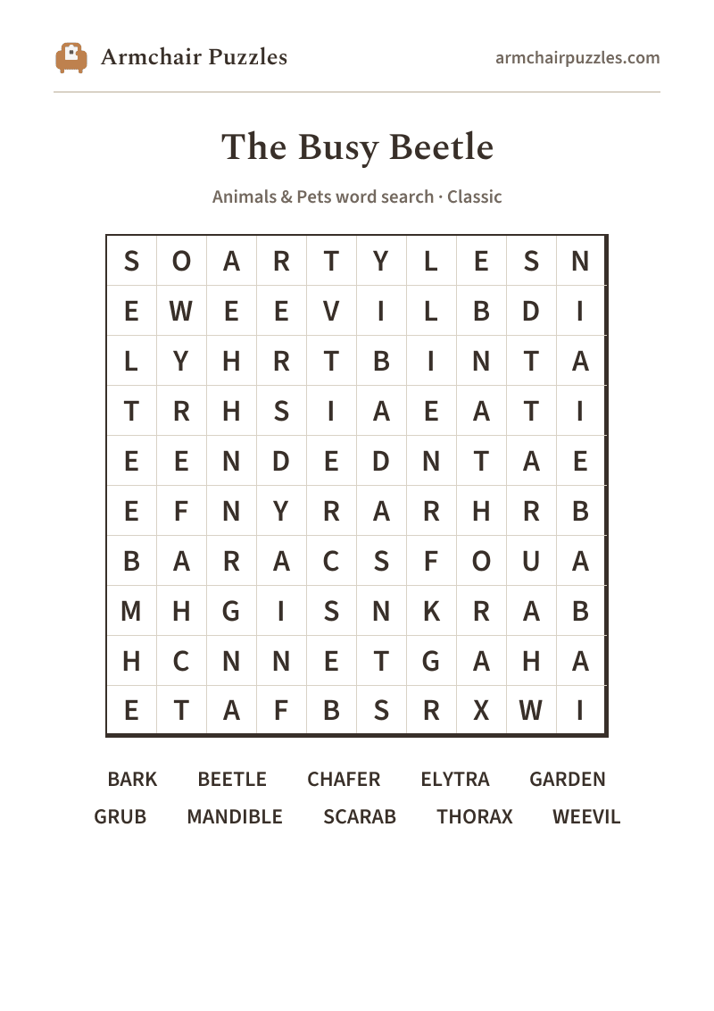 The printable The Busy Beetle word search sheet