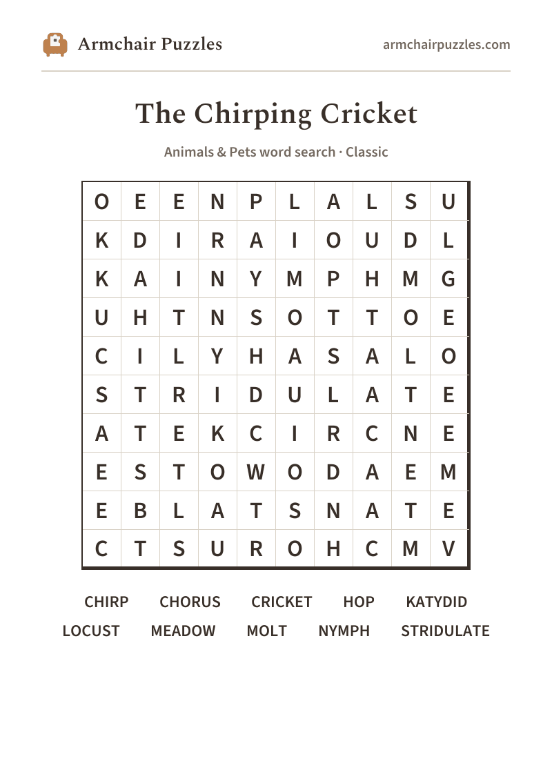 The printable The Chirping Cricket word search sheet