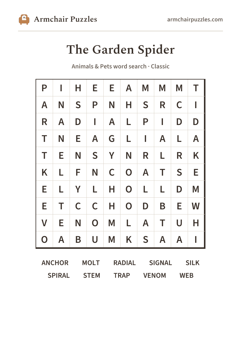 The printable The Garden Spider word search sheet