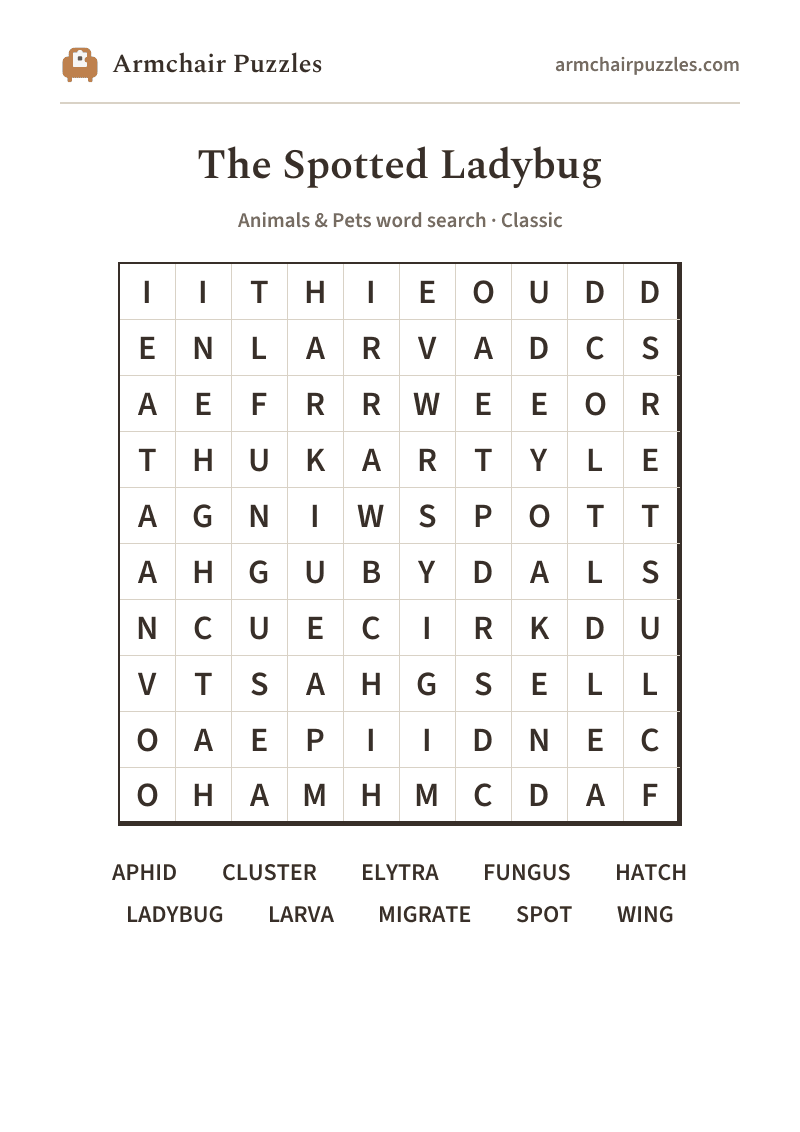 The printable The Spotted Ladybug word search sheet
