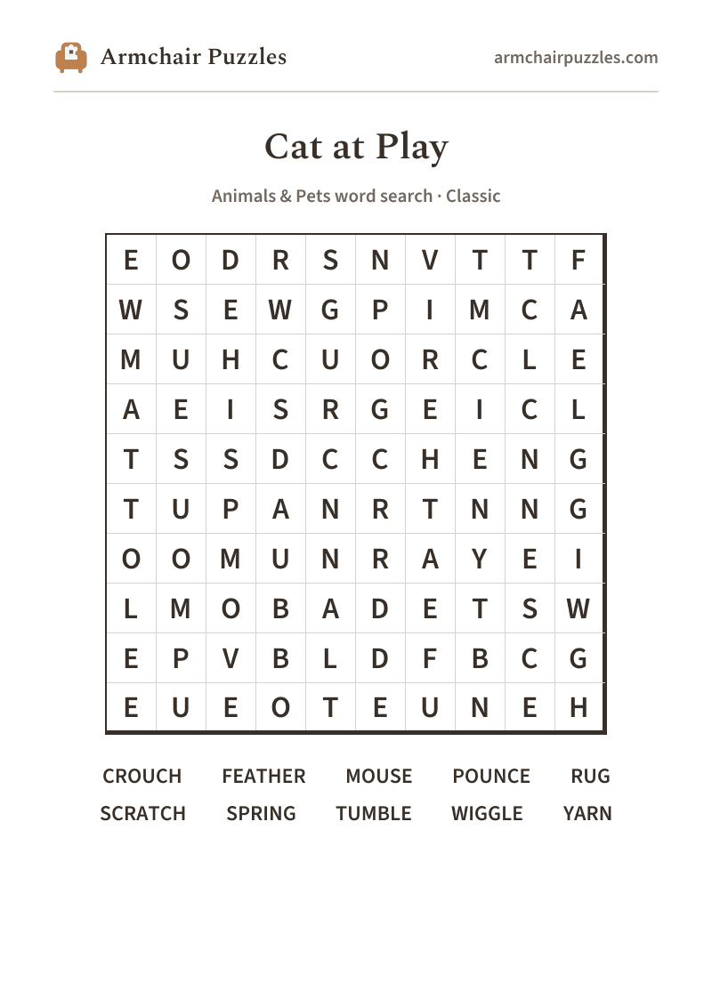 The printable Cat at Play word search sheet