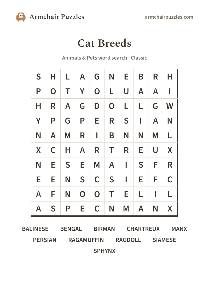 The printable Cat Breeds word search sheet