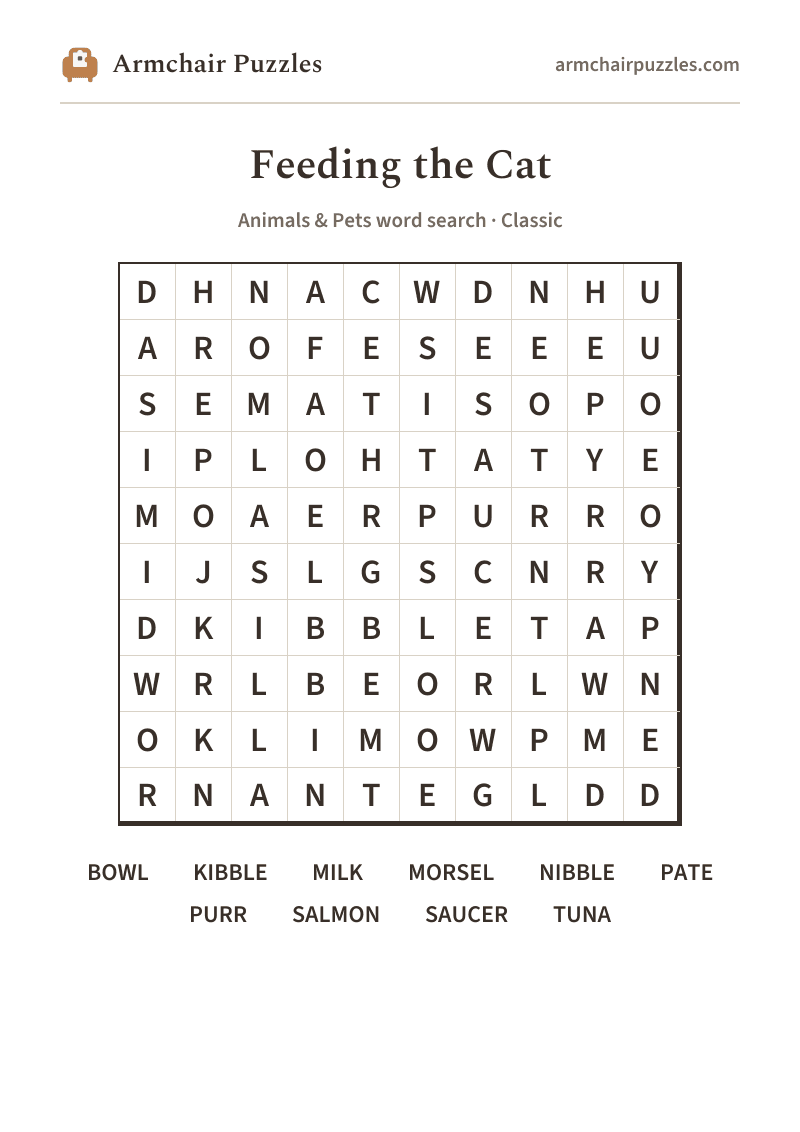 The printable Feeding the Cat word search sheet