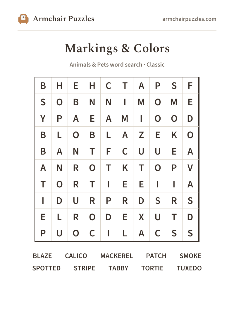 The printable Markings & Colors word search sheet